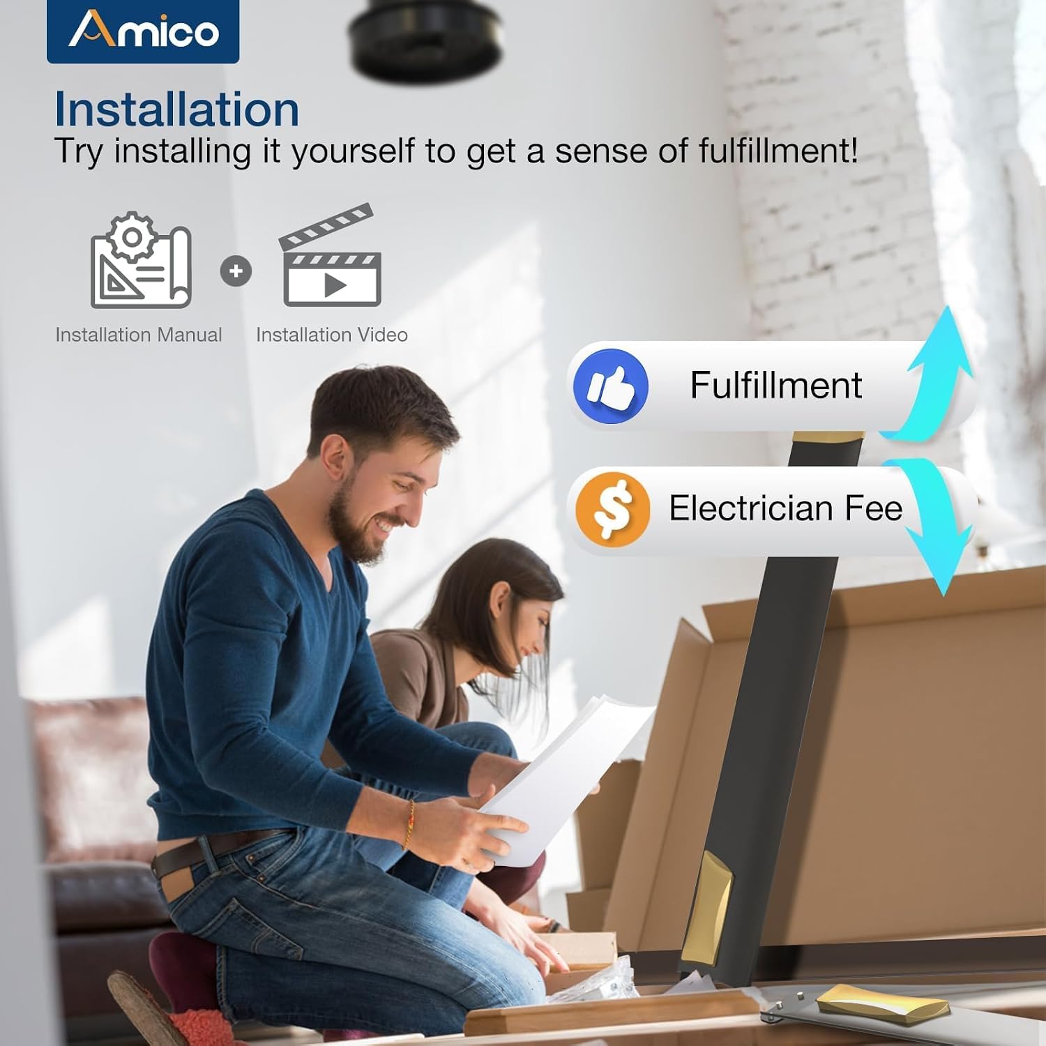 Amico 84 Inch Ceiling Fan with Light, Industrial Large Ceiling Fan with Quiet DC Motor, 8 Aluminum Reversible Blades, 6-Speed Remote Control, Indoor/Outdoor Ceiling Fans for Porch/Garage/Shop, Black