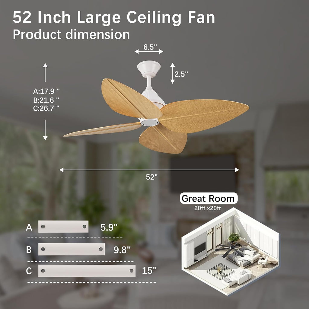 52' Ceiling Fan Without Lights, Tropical Ceiling Fans with APP and Remote Control, Indoor Palm Leaf Ceiling Fans for Living Room Bedroom Patios (Light Wood Grain)