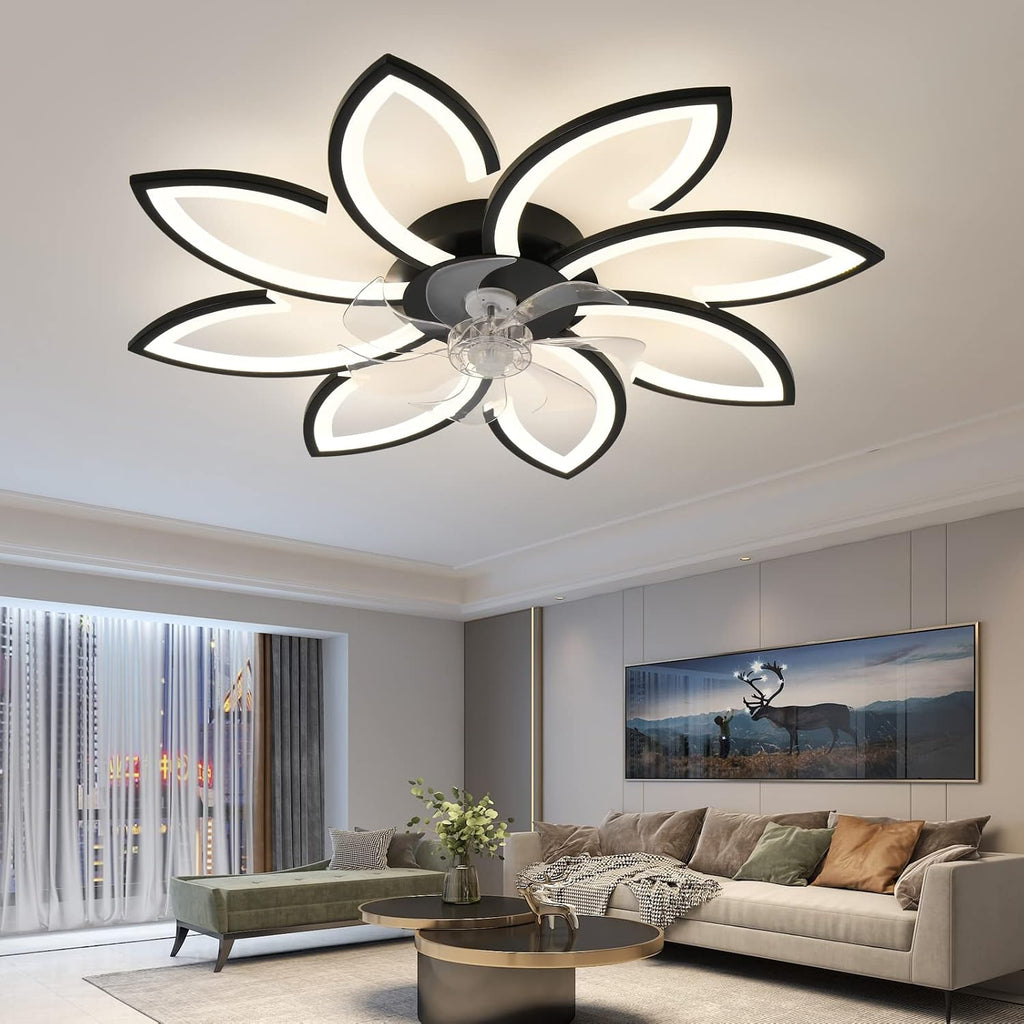 35' Geometric Ceiling Fan with Light Remote Control, 6 Speeds 3 Colors, Black Low Profile Flush Mount Ceiling Fan for Kitchen Bedroom Living Room