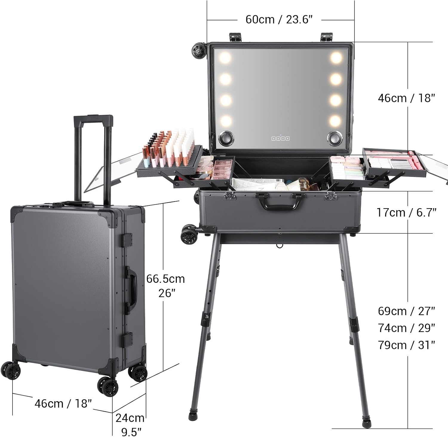 Rolling Makeup Train Case with Lighted Mirror and Bluetooth Speaker Professional Cosmetic Organizer Case with Wheels, Stands Portable Makup Station Vanity for Travel (Gray, Large)