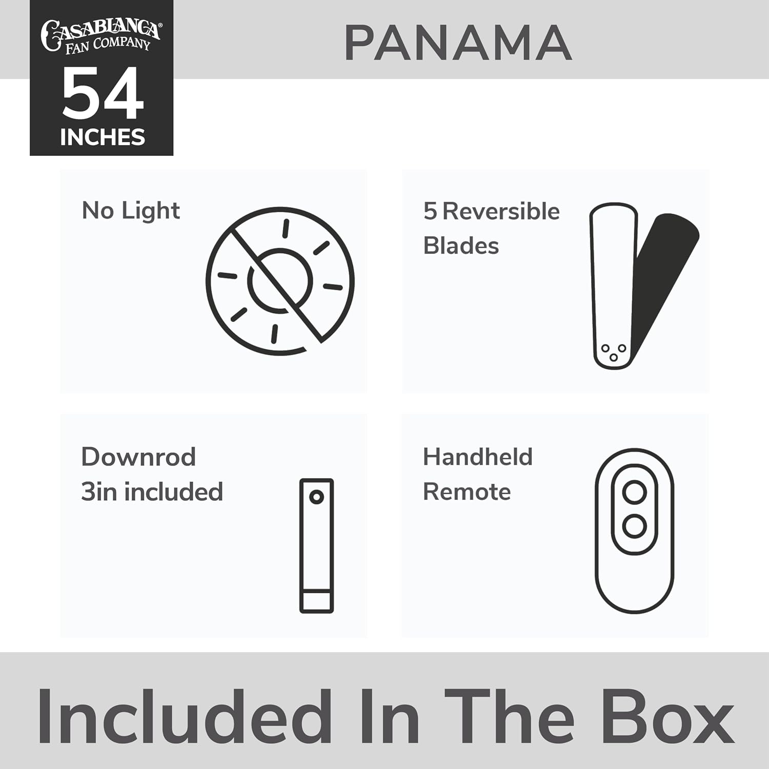 Casablanca 54 inch Indoor Ceiling Fan No Light with Remote Control - Ceiling Fan without Light, Standard Mount, 5 Blades, For Bedroom, Living Room, or Kitchen - Panama 59510, Snow White