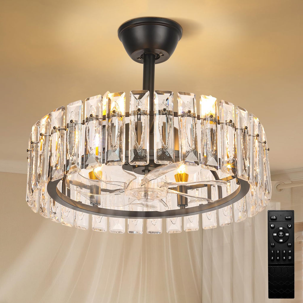 CLAIRDAI 20.7' Crystal Caged Ceiling Fan Black Fandelier Ceiling Fan with Lights and 6 Speed Retractable Ceiling Fans for Bedroom Living Room (6*E12, Bulbs not Included)