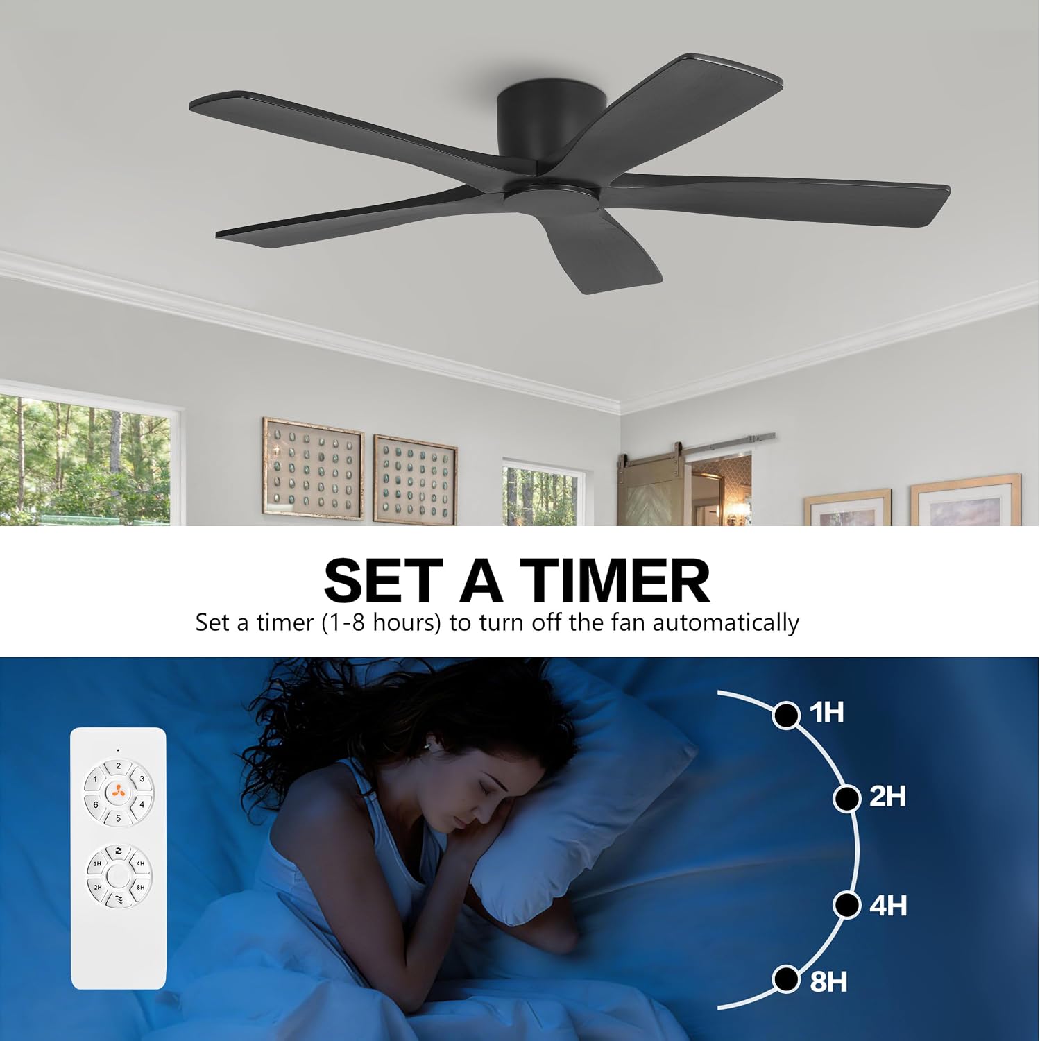 WINGBO 54' Flush Mount DC Ceiling Fans Without Lights, 5 Carved Solid Wood Blades, 6-Speed Reversible DC Motor, Low Profile Hugger Ceiling Fan No Lights for Living Room Bedroom Patio, Matte Black