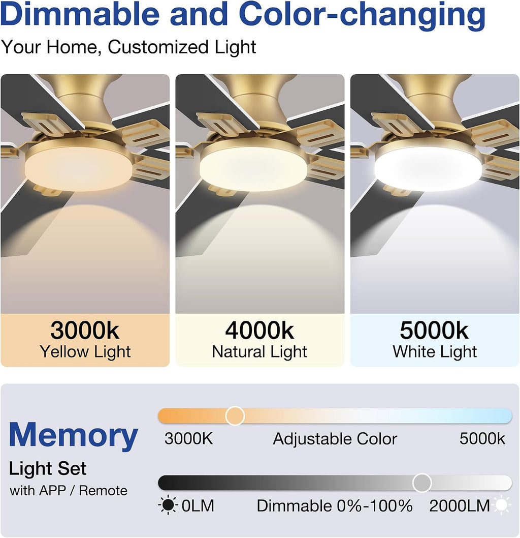 52 Inch Ceiling Fans with Lights,Smart Low Profile Ceiling Fan with Light and Remote Control,Modern Flush Mount Ceiling Fans for Bedroom,Patio,Porch,Outdoor Indoor Use,in Black White and Gold,Quiet