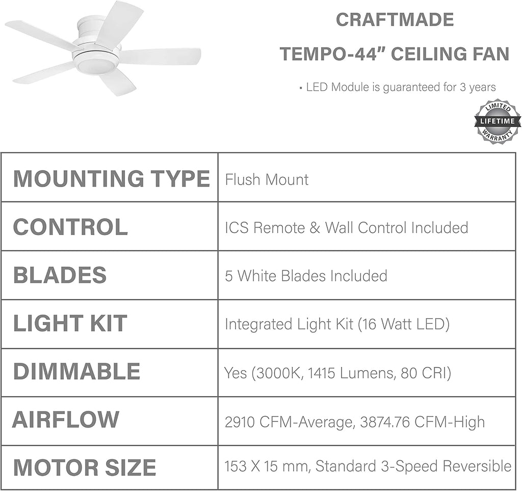 Flush Mount Ceiling Fan with LED Light and Remote by Craftmade TMPH44W5 Tempo 44 Inch White, Hugger Fan