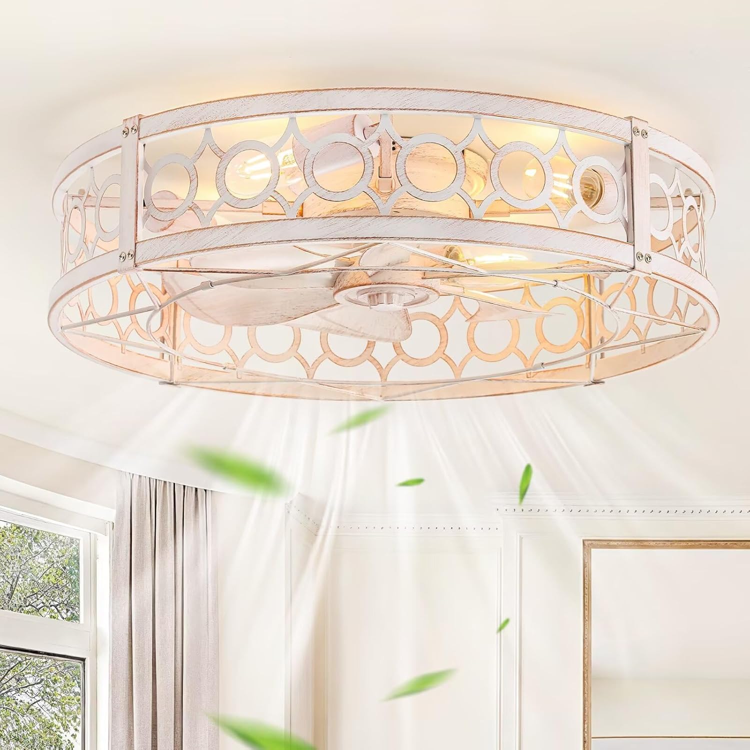LEDIARY Caged Flush Mount Ceiling Fans with Lights, 23 Inch Farmhouse Low Profile Ceiling Fan with Remote, Small Bladeless Fan Lights Ceiling Fixtures for Bedroom, Kitchen- White and Gold