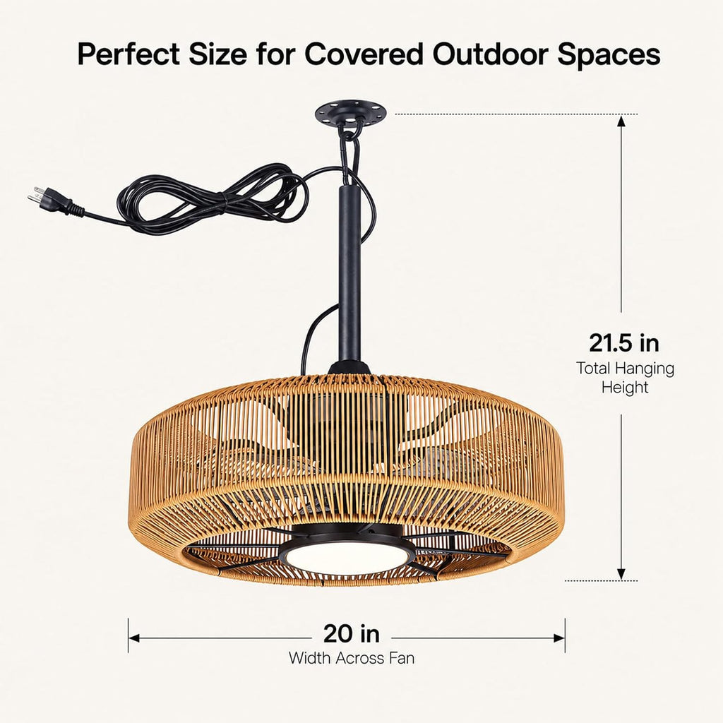 20' Outdoor Ceiling Fan with Light – Waterproof Plug-In Hanging Caged Fan, 3CCT Dimmable LED, 6-Speed with Remote & App Control for Covered Patios, Gazebo & Porch