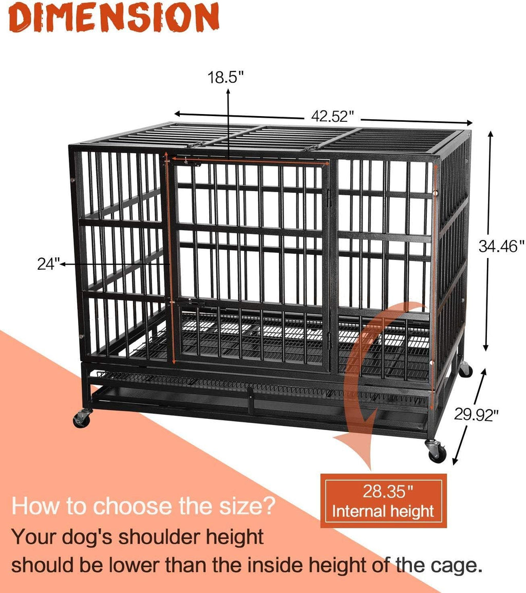 LEMBERI 42 Inch Heavy Duty Indestructible Dog Crate, High Capacity Escape Proof Double Door Kennel with Lockable Wheels, 35' Tall Medium Dog Cage with 0.8' Steel Tubes, Removable Tray, Black