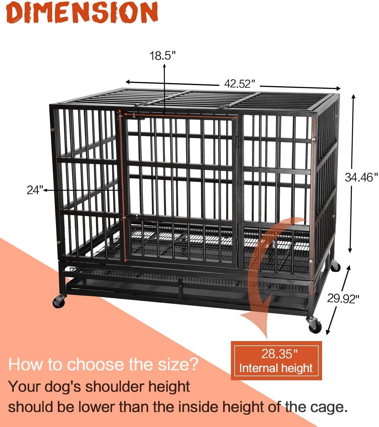 LEMBERI 42 Inch Heavy Duty Indestructible Dog Crate, High Capacity Escape Proof Double Door Kennel with Lockable Wheels, 35' Tall Medium Dog Cage with 0.8' Steel Tubes, Removable Tray, Black