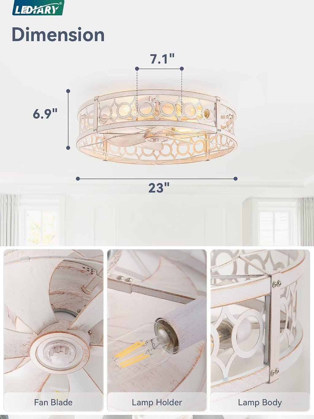 LEDIARY Caged Flush Mount Ceiling Fans with Lights, 23 Inch Farmhouse Low Profile Ceiling Fan with Remote, Small Bladeless Fan Lights Ceiling Fixtures for Bedroom, Kitchen- White and Gold