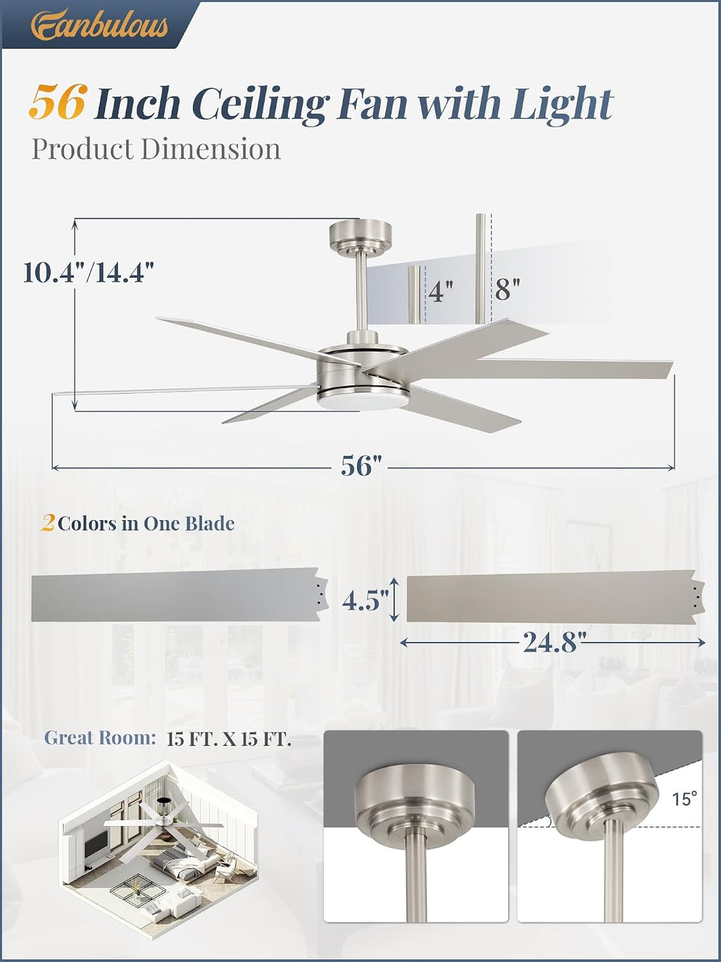 Fanbulous 56 Inch Ceiling Fans with Lights and Remote, Reversible 6 Blades, Dimmable, 3000K-6000K Adjustable, Outdoor Ceiling Fans for Patios, Large Ceiling Fan for Indoor or Covered Outdoor, Nickel