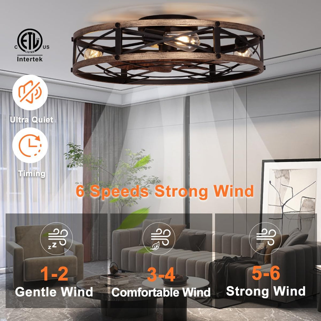 SHLUCE 24' Farmhouse Flush Mount Ceiling Fans with Lights, Caged Low Profile Enclosed Ceiling Fans with Lights and Remote, Rustic Large Bladeless Ceiling Fan with Light for Bedroom, Kitchen - ETL
