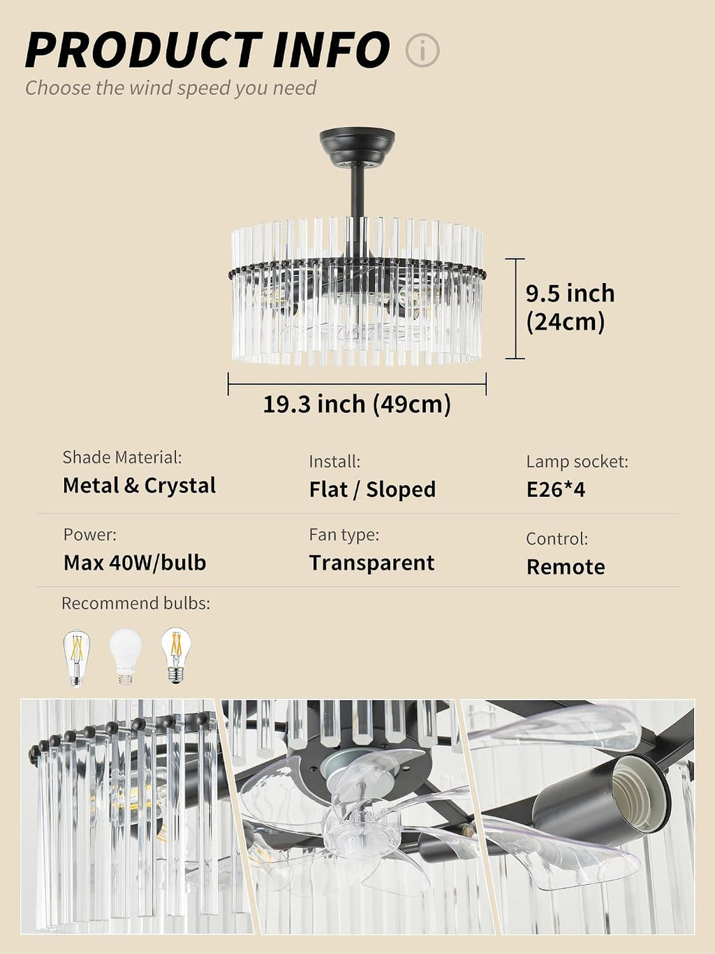 SYDACG 20' Black and Clear Crystal Fandelier Ceiling Fan with Light, Mid-Century Chandelier Ceiling Fan with Light Remote Control, 6 Speeds for Bedroom, Nursery, Living Room