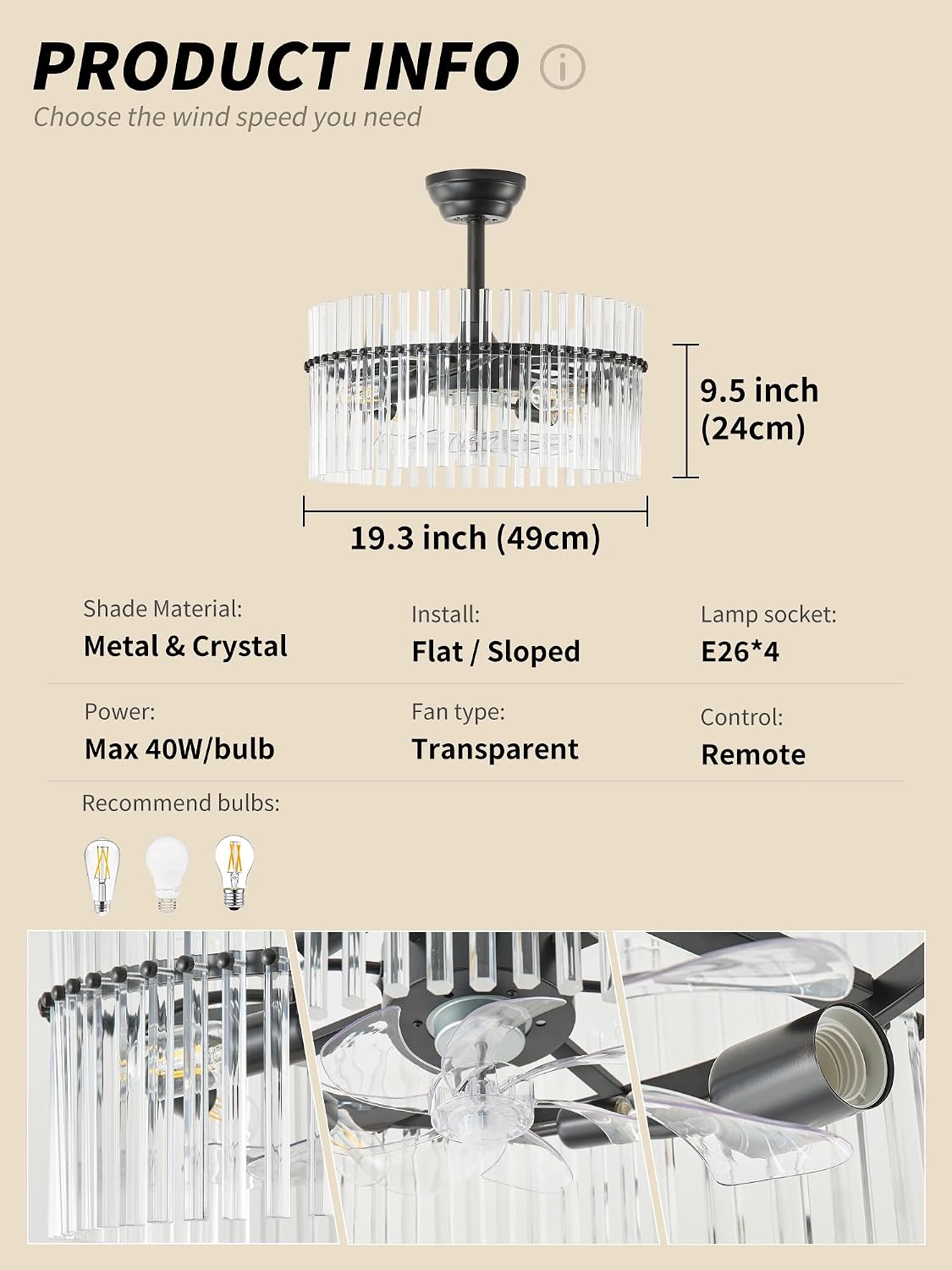 SYDACG 20' Black and Clear Crystal Fandelier Ceiling Fan with Light, Mid-Century Chandelier Ceiling Fan with Light Remote Control, 6 Speeds for Bedroom, Nursery, Living Room