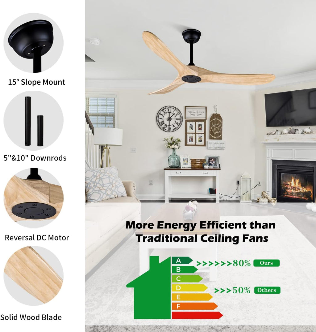 Bigzone 52' Outdoor/Indoor Ceiling Fans Without Lights, DC Motor Energy Saving, 3 Solid Wood Blades, Outdoor Ceiling Fans For Patios With Reversible Blades
