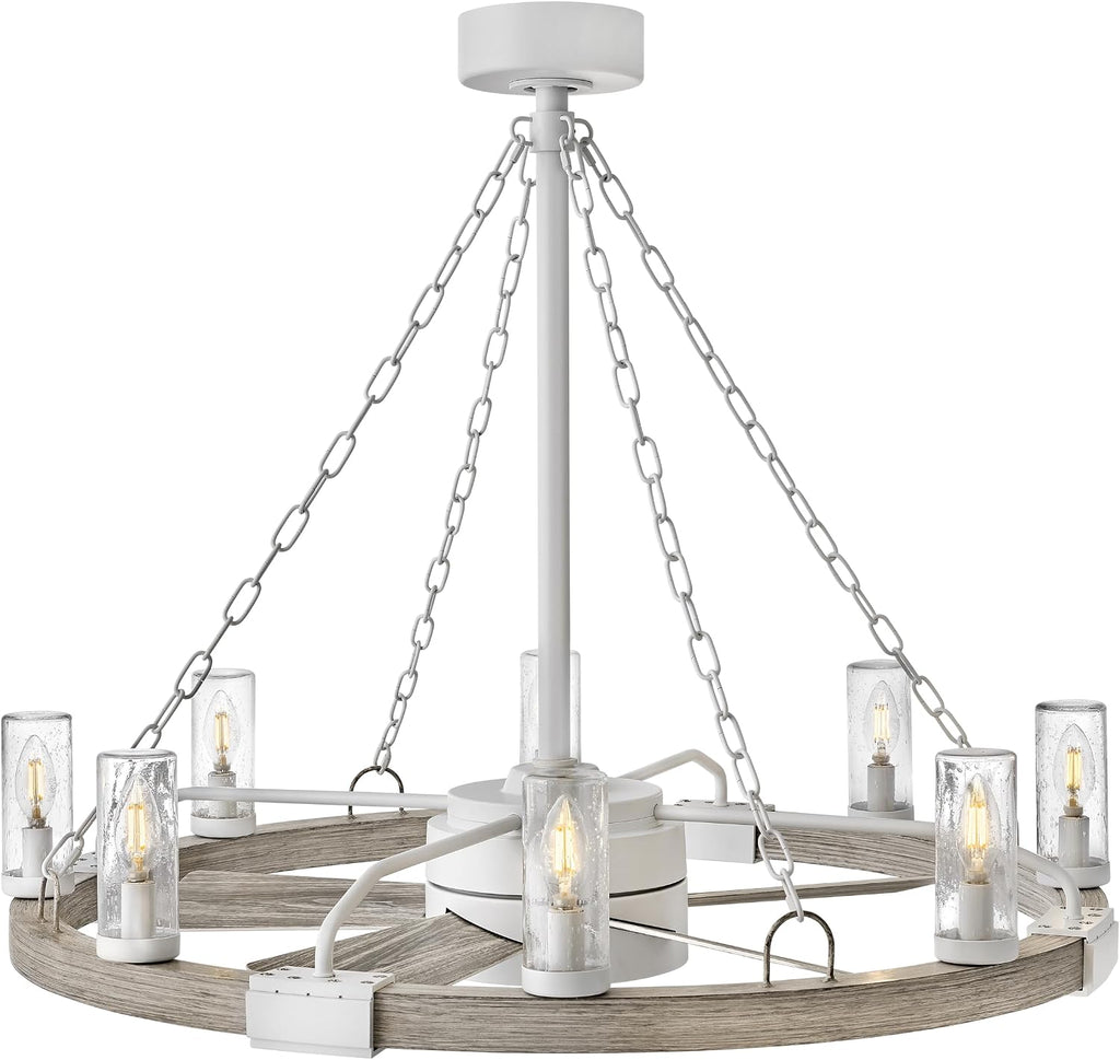 Hinkley Sawyer 36' LED Indoor/Outdoor Smart Fandelier, Rustic Western style, Multiple Down Rods, 16' blade sweep, Matte White and Weathered Wood