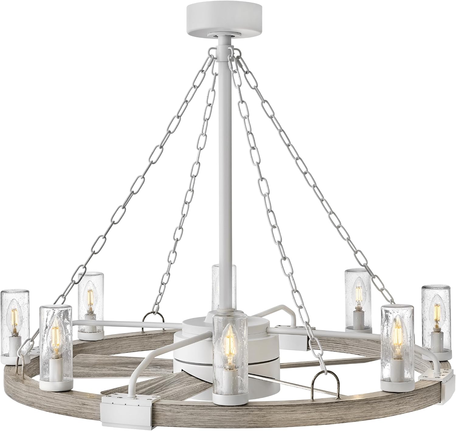 Hinkley Sawyer 36' LED Indoor/Outdoor Smart Fandelier, Rustic Western style, Multiple Down Rods, 16' blade sweep, Matte White and Weathered Wood