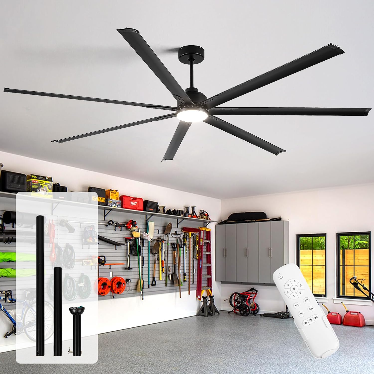 Minislak 96 Inch Industrial Ceiling Fans with Light,Black HVLS Ceiling Fan with 6 Speeds Reversible Motor,High CFM Indoor/Outdoor Ceiling Fan with 7 Aluminum Blades for Barn shop,Commercial