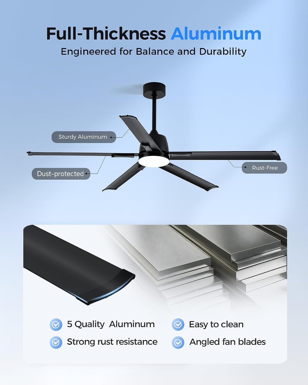 Minislak 62 Inch Smart Ceiling Fan with Light and Remote,Industrial Ceiling Fan with 5 Aluminum Blades,6 Speed,3CCT,Quiet DC Motor Indoor Outdoor Fan for Patio,Living Room,Bedroom