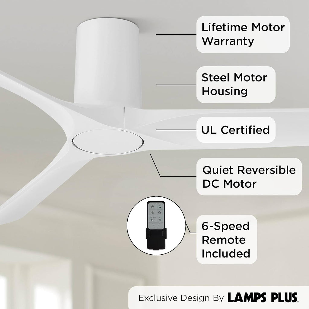 Casa Vieja Zebec 52' Modern Indoor Hugger Flush Mount Ceiling Fan with Remote Control, 3 Blades, 6-Speed Quiet Reversible DC Motor, Timer, Matte White Finish Low Profile Living Room Kitchen House