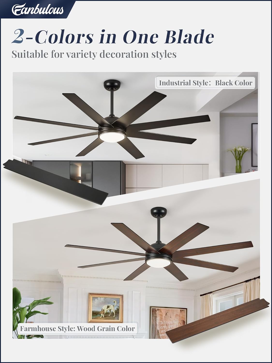 Fanbulous Ceiling Fan with Light, 72 inch Large Black Ceiling Fan with Light and Remote, Indoor/Outdoor use for Living Room Patio, 6 Speeds, Reversible Quiet DC Motor, 3 CCT, 8 Blades