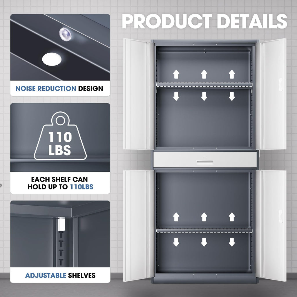 DNA Motoring 71'' Rolling Garage Metal Cabinet with 1 Drawer and Adjustable Shelves, Heavy Duty Utility Lockable Cabinet for Garage, Office, Home, Gym, Gray White, TOOLS-00629-GY-WH