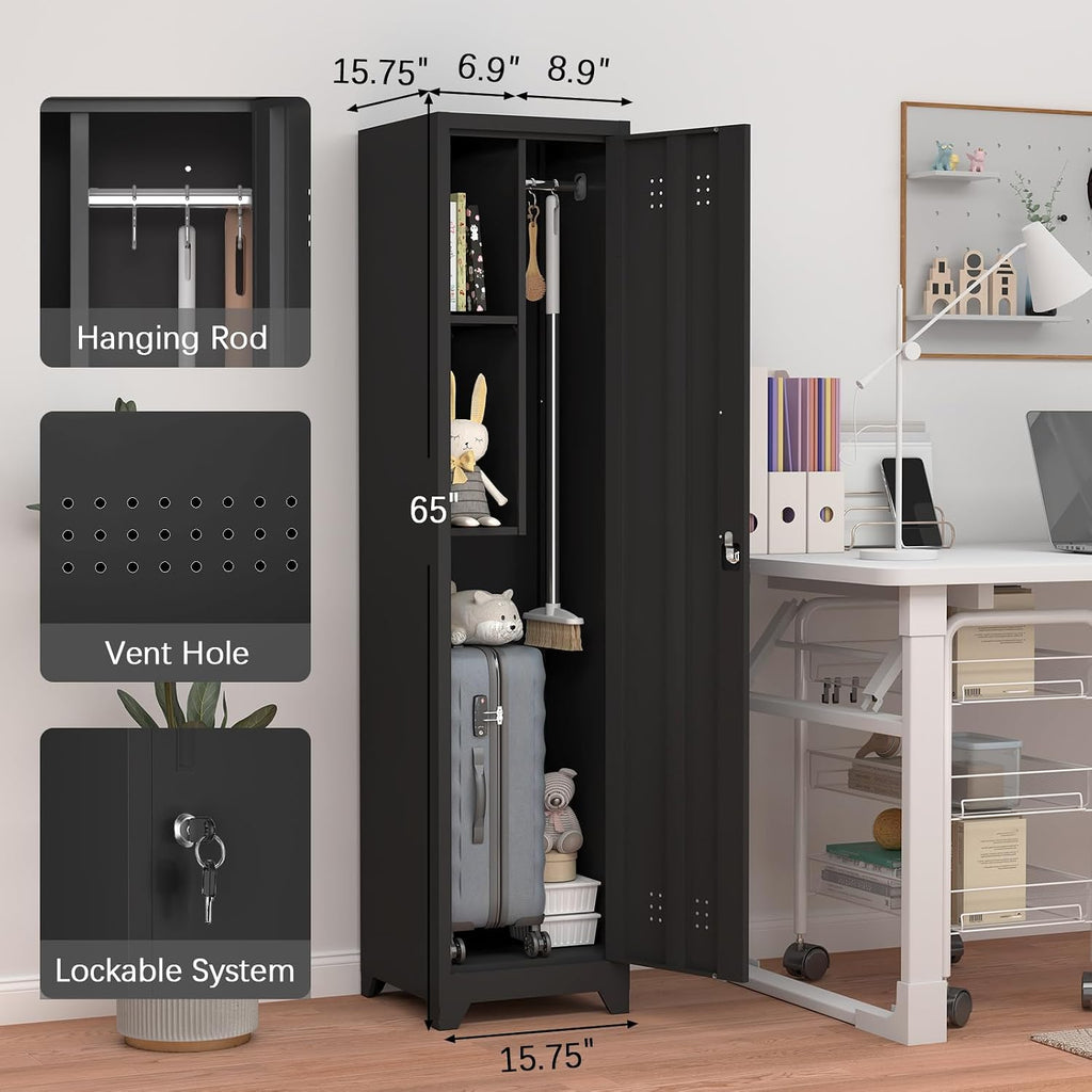 GREATMEET Slim Broom Storage Cabinets, Metal Garage Cabinet with Shelves and Hanging Rod, Black Utility Cabinet with Locking Door, Slim Cabinet for Small Spaces Cleaning Supplies, Shop