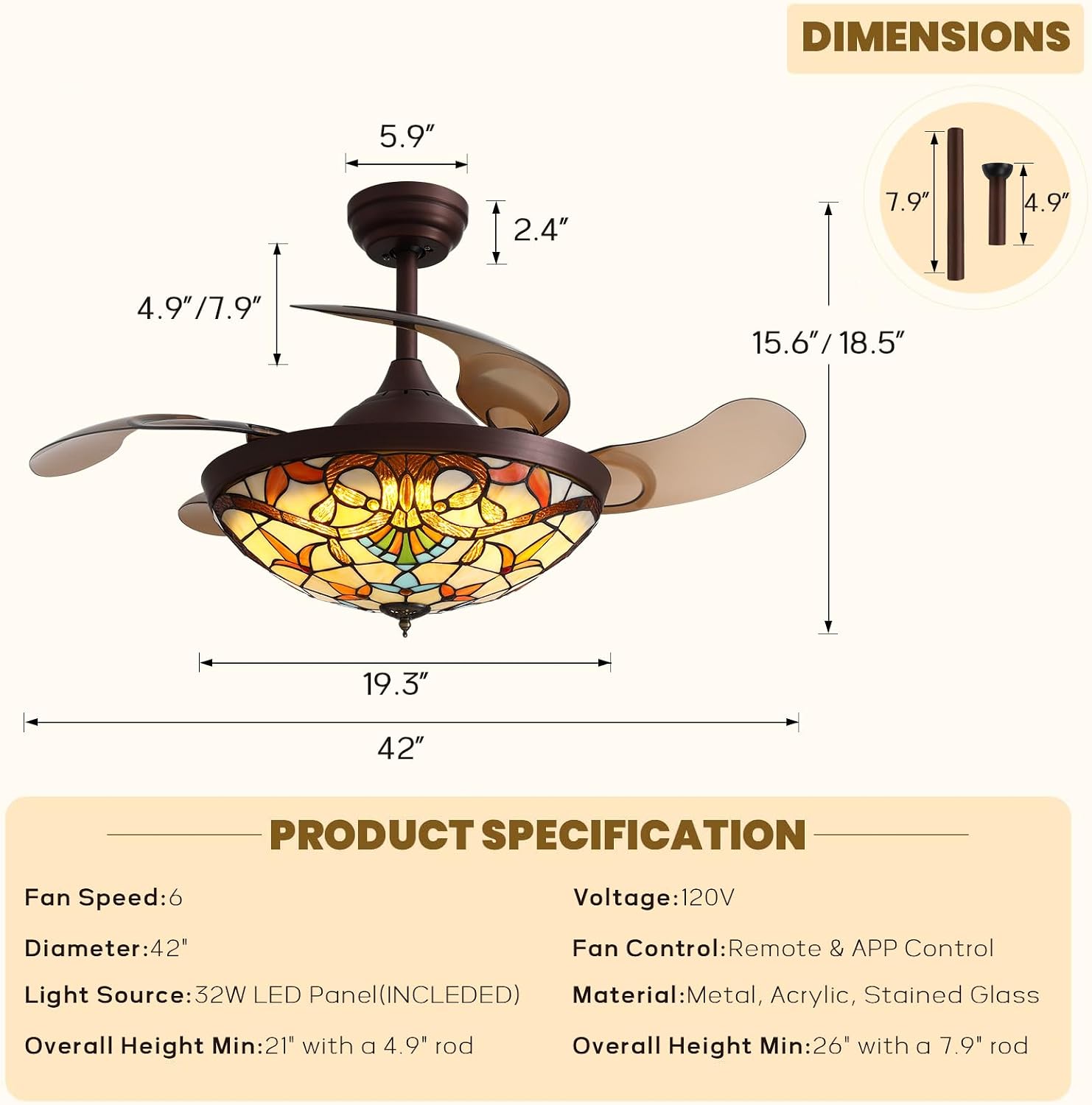 Siljoy 42' Tiffany Ceiling Fan with Lights, Stained Glass Ceiling Fan Vintage Ceiling Fan with Remote Control Dimmable Fandelier with 4 Retractable Reverse Blades for Bedroom, Living and Dining Room