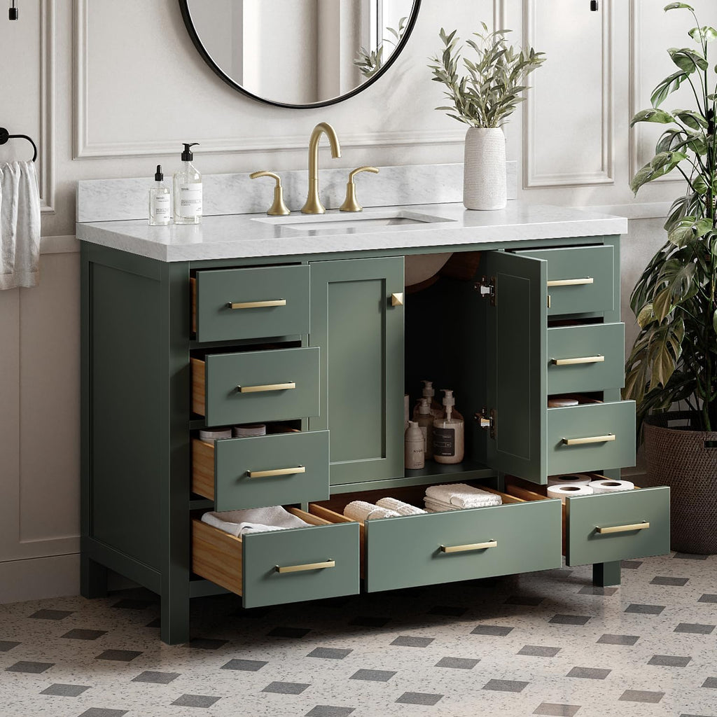 ARIEL Cambridge 48-inch Bathroom Vanity with Sink,Solid Wood, 1.5-inch Italian Carrara Marble Countertop, Single Rectangular Porcelain Sink, 2 Soft Closing Doors, 9 Dovetail Drawers, Vintage Green