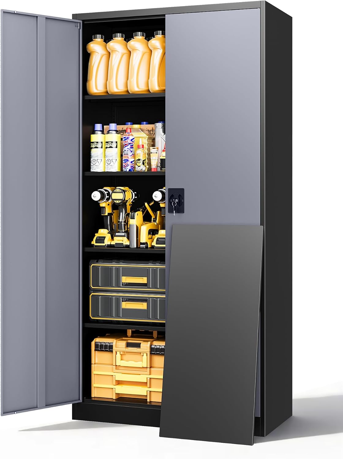 72 Inch Metal Cabinet,Locking Storage Cabinet with 2 Doors and 4 Adjustbale Shelves,Steel Tool Cabinet for Garage,Basement,Home Office,Gym(Grey& Black)