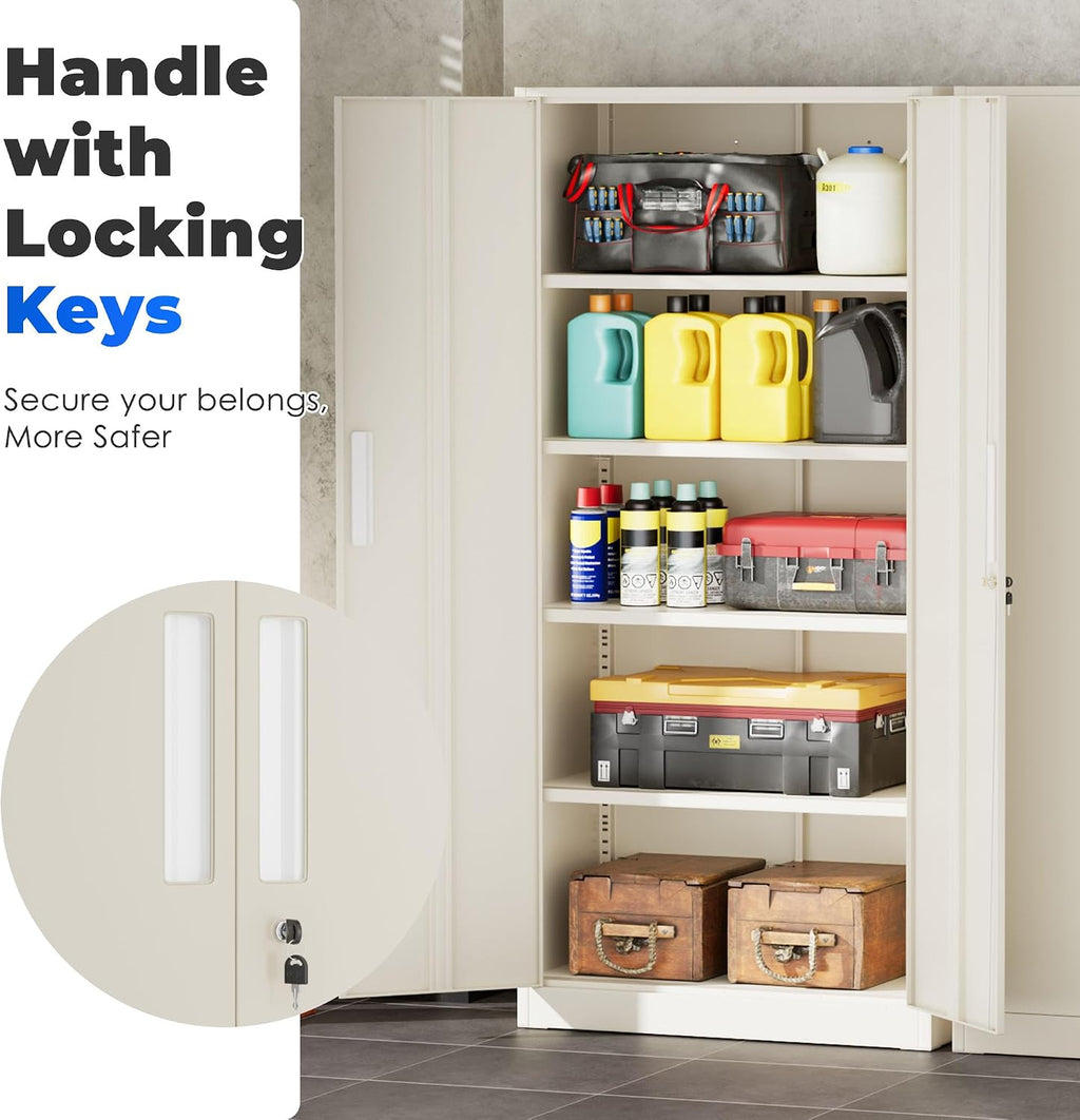 INTERGREAT Garage Storage Cabinet with Lock, 72' Metal Storage Cabinet with Locking Doors and 4 Adjustable Shelves, Lockable Tool Steel Cabinet for Home Office, School, Putty Grey