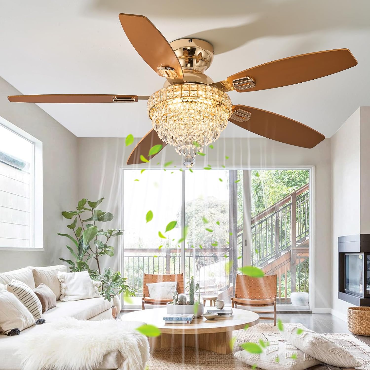 Crystal Ceiling Fan Fandelier with Lights-Ceiling Fans,50' Low Profile and Remote Control, Flush Mount, Reversible, Dimmable, Noiseless, Gold Ceiling Fan for Bedroom