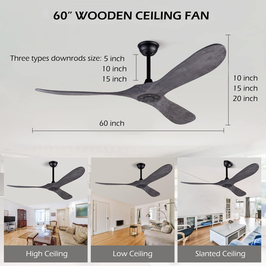 60 Inch Ceiling Fan without Light ，Wood Indoor Outdoor Ceiling Fans No Light for Patios Big Outside Farmhouse Ceiling Fan for Living Room Dining Room (Grey)