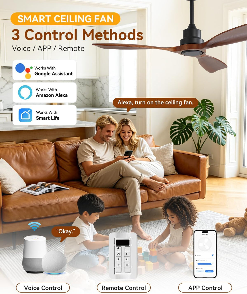 Sofucor 48 Inch Smart Ceiling Fan No Light-Outdoor Smart Ceiling Fan with Alexa/Google/APP/Remote Control,Walnut Wood Blades Ceiling Fan Without Light,Modern Ceiling Fan for Indoor Bedroom/Living Room