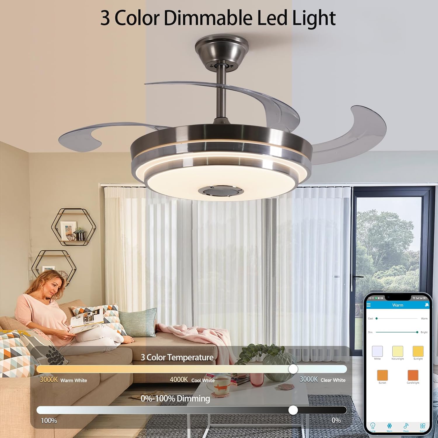 42 Inch RGB Retractable Ceiling Fan with Light, Reversible,Dimmable,Ultra-Quiet Invisible Chandelier Fan with Speaker for Kids Room Living Room Dinner Room,Brushed Nickel