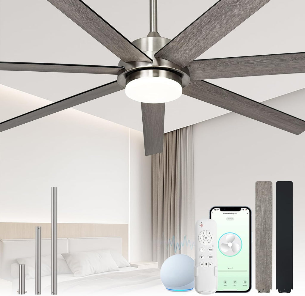 Minislak 65 Inch Large Smart Ceiling Fan with Light and Remote via WIFI Alexa APP Control,Dimmable,Quiet DC Motor Indoor Outdoor Ceiling Fans for Patios or Bedroom
