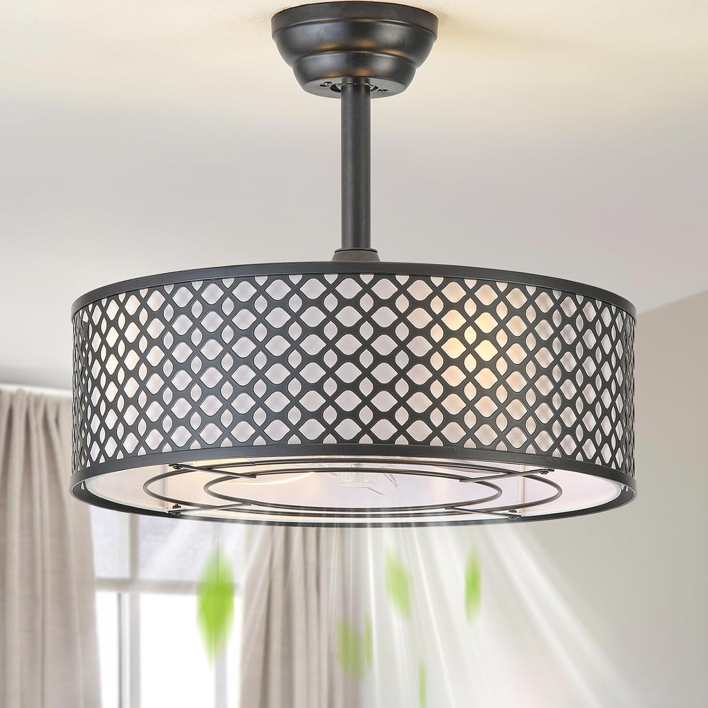 Black Fandelier Ceiling Fan with Light, 20' Caged Boho Ceiling Fans with Lights and Remote, Mid Century with 6 Speeds for Bedroom, Living Room, Nursery