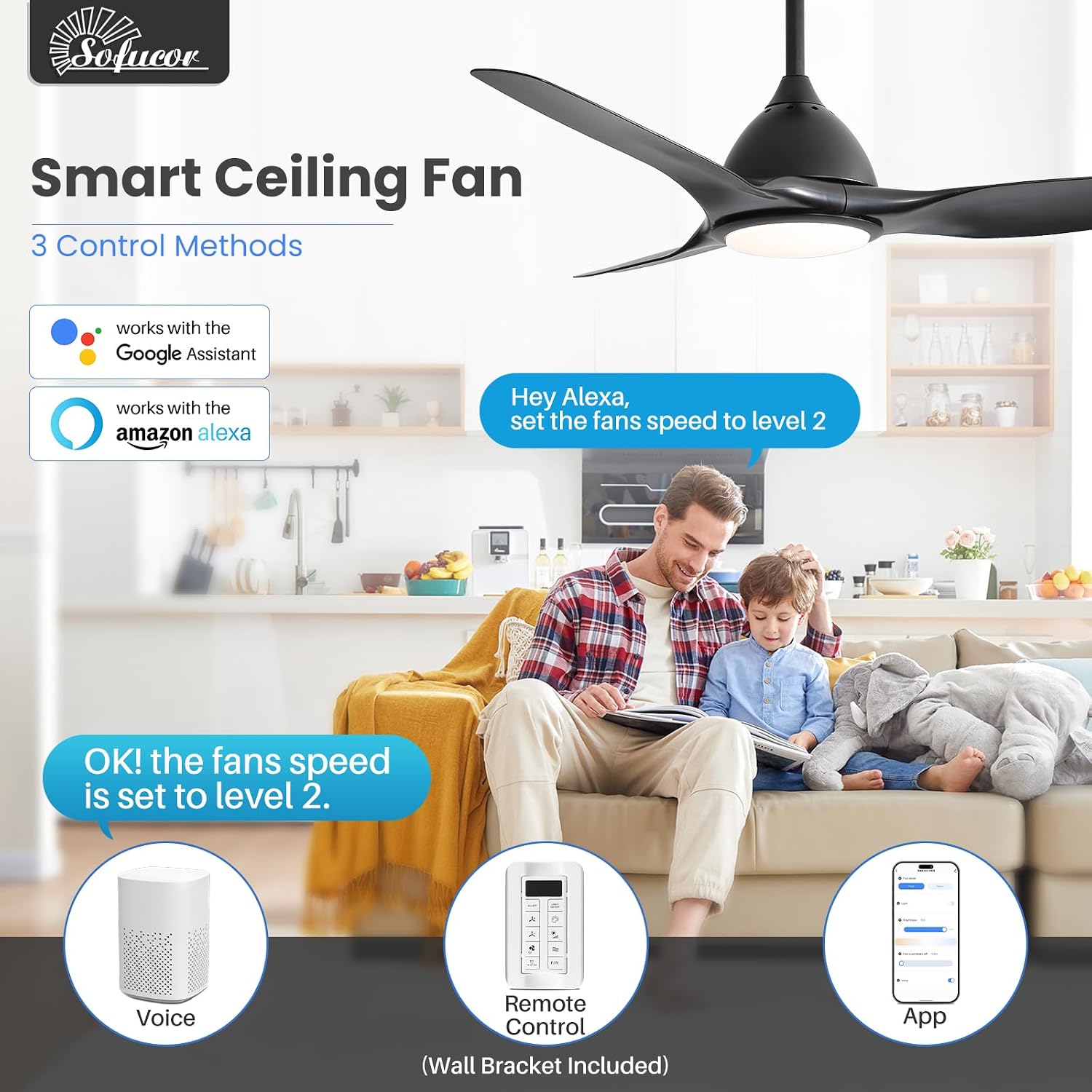 Sofucor 52 Inch Smart Ceiling Fan with Light, Modern Ceiling Fan with 3 Plastic Blade, Quiet, Dimmable, Compatible with Alexa/Google/App, 6 Speeds 7000CFM, Timer Quiet Reversible DC Motor, Black