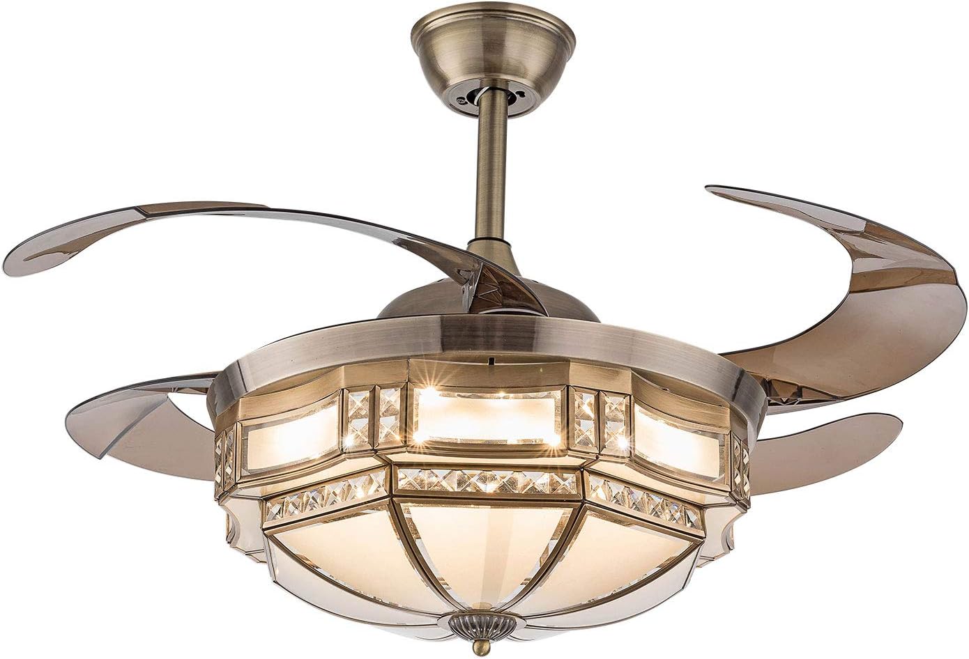 TFCFL 42 Inch Vintage Ceiling Fan Light, Tiffany Style Dimmable Chandelier Fan with Controller 3-Color Lighting 3-Speed Retractable Blades for Bedroom Living Room (Gold)