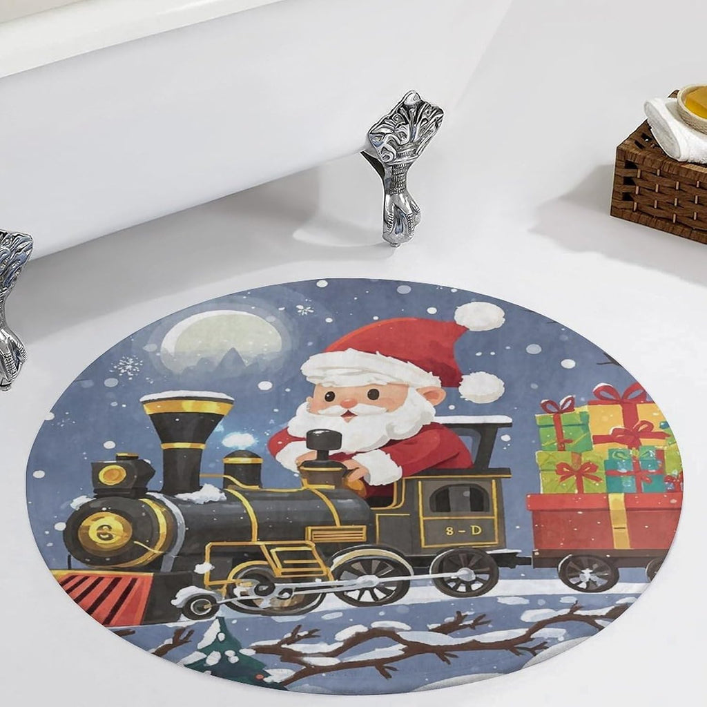Santa's Train Coral Velvet Round Floor Mat Non-Slip Bath Rug Floor Covering for Bathroom Vanity Guest Suite & Vacation Home