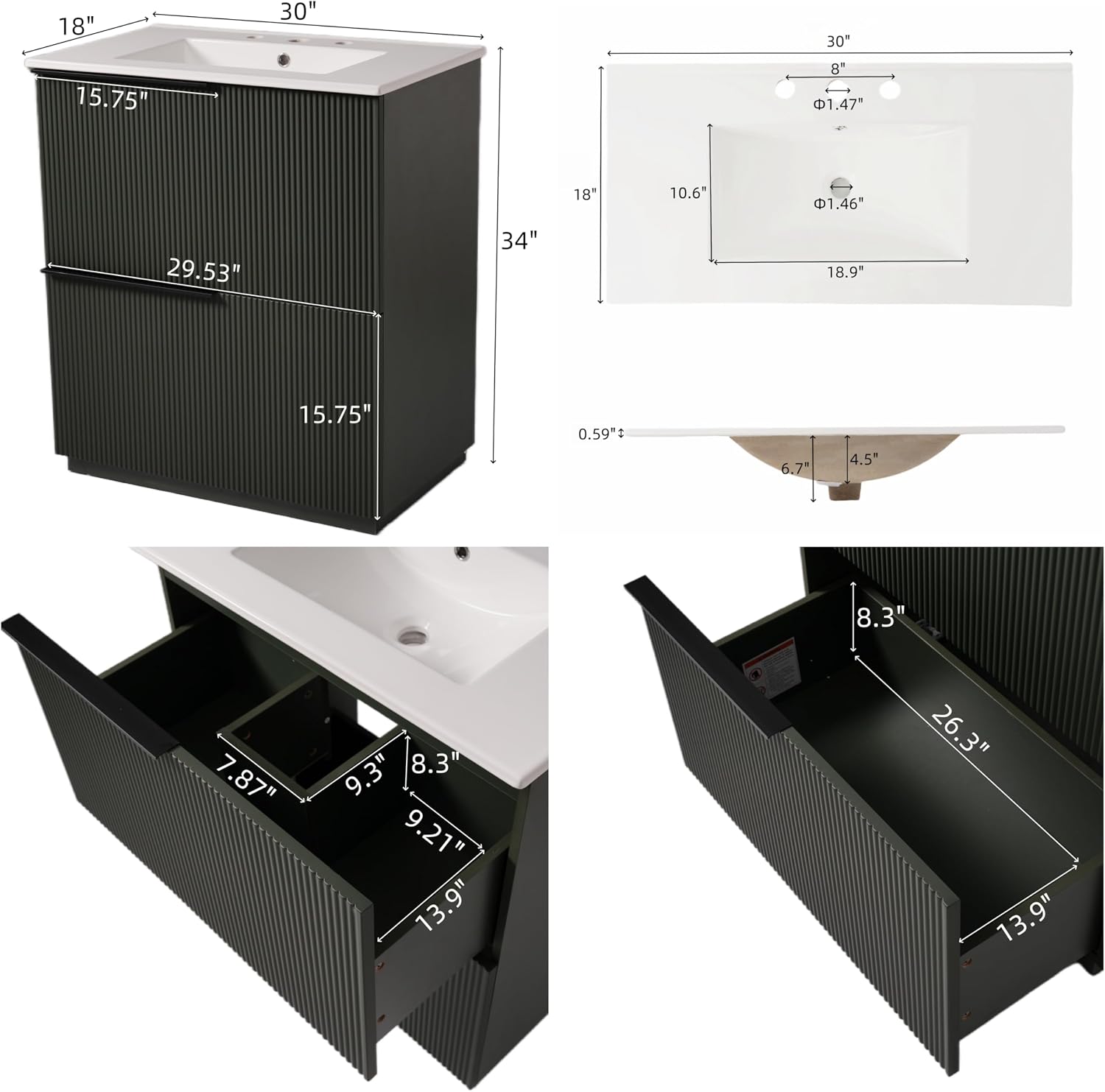 30' Bathroom Vanity Cabinet, Ceramic Sink Top, Fluted Front, 2 Full-Extension Drawers, Perfect for Master Suite, Cozy Guest Bath, or Compact Powder Room