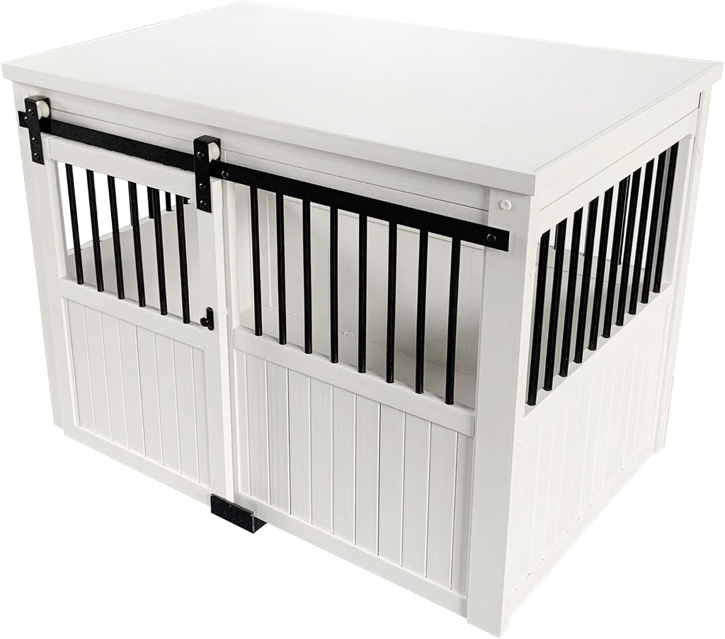 New Age Pet® ECOFLEX® Homestead Sliding Barn Door Furniture Style Dog Crate - Antique White, Large (EHDBC15-04L) - Stylish, Durable, Removable Cushions, Easy to Assemble.