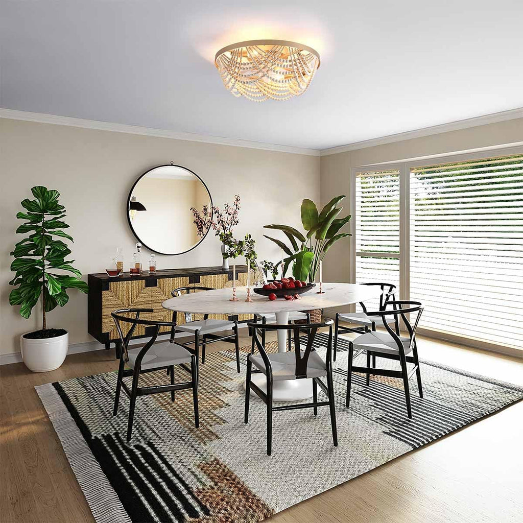 20'' Boho Ceiling Fan with Lights Flush Mount,Bohemia Gold Wood Bead Enclosed Ceiling Fan Light, 4 Lights Low Profile Ceiling Fans with Remote Control for Bedroom Living Room Dining Room Kitchen