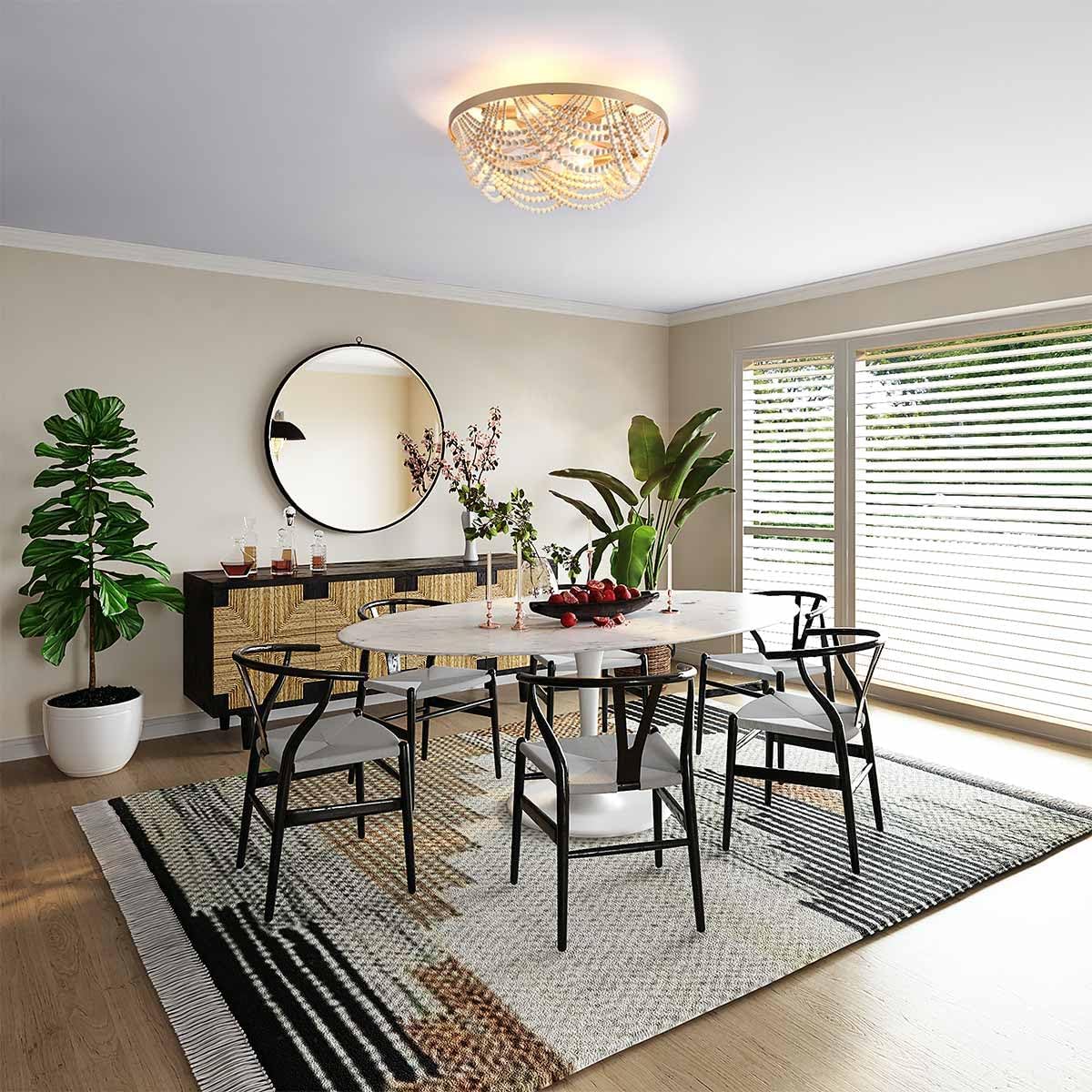 20'' Boho Ceiling Fan with Lights Flush Mount,Bohemia Gold Wood Bead Enclosed Ceiling Fan Light, 4 Lights Low Profile Ceiling Fans with Remote Control for Bedroom Living Room Dining Room Kitchen