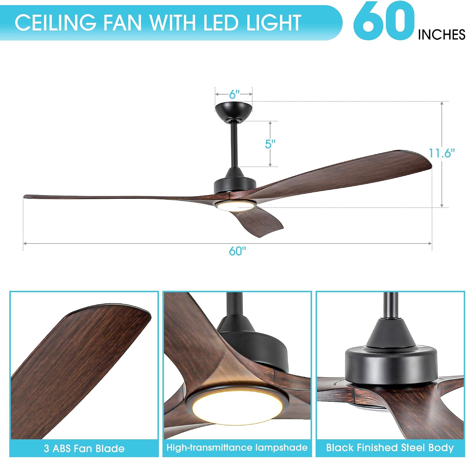 Ceiling Fans with Lights and Remote 60 Inch Outdoor Ceiling Fans for Patios Bedroom, Farmhouse Low Profile Chandelier Ceiling Fan with 6-Speed Reversible DC Motor, Dimmable, Ventilador de Techo