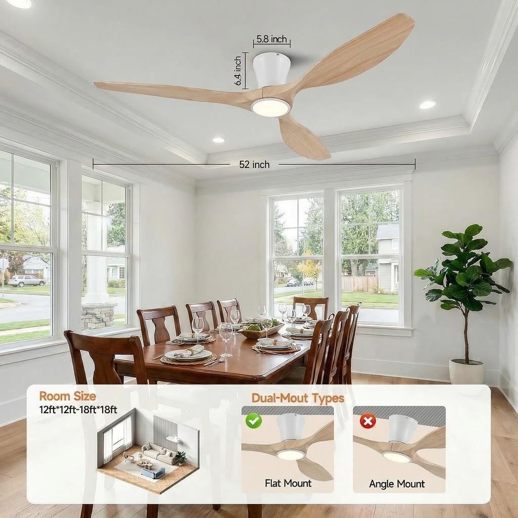 Skylike 52' Flush Mount Wood Ceiling Fan with Lights, 3 Blade Low Profile Rustic Ceiling Fan with Remote Control,Quiet Indoor/Outdoor Light Walnut Ceiling Fan for Patio,Porch, Gazebo, Bedroom
