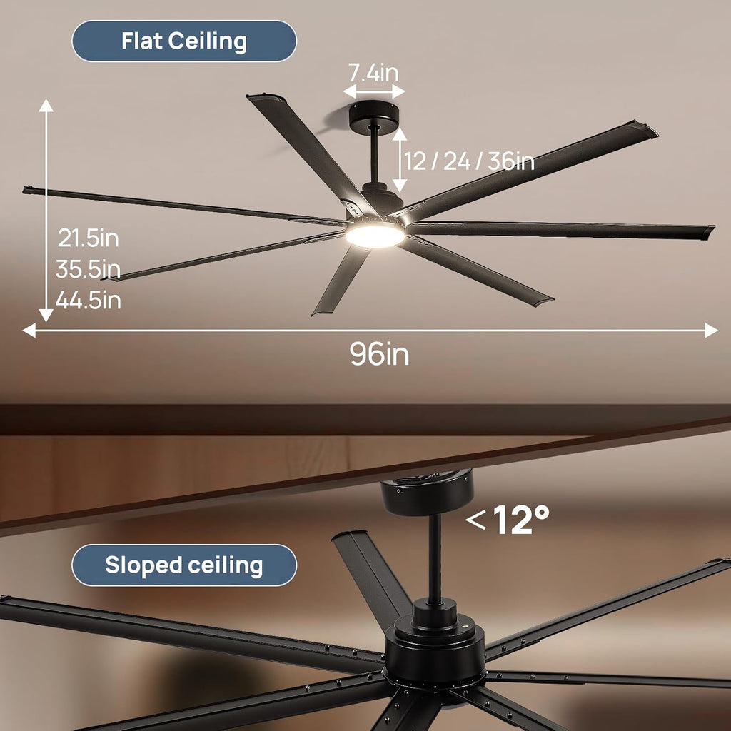 Minislak 96 Inch Industrial Ceiling Fans with Light,Black HVLS Ceiling Fan with 6 Speeds Reversible Motor,High CFM Indoor/Outdoor Ceiling Fan with 7 Aluminum Blades for Barn shop,Commercial