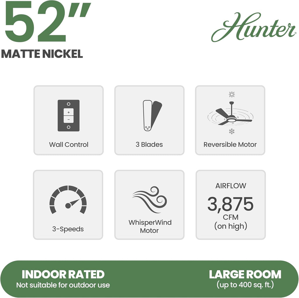 Hunter Fan 52 inch Casual Matte Nickel Indoor Ceiling Fan with 3 Blades, Holiday Gift for Bedroom, Living Room/Family Room, Dining Room, Kitchen, Office (Renewed)