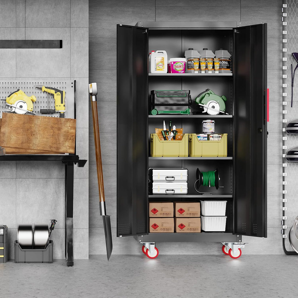 LMTC 71' H Garage Storage Cabinet with 4 Adjustable Shelves and Wheels, Lockable Metal Storage Cabinet for Garage, Home, Warehouse, Assembly Required,Black
