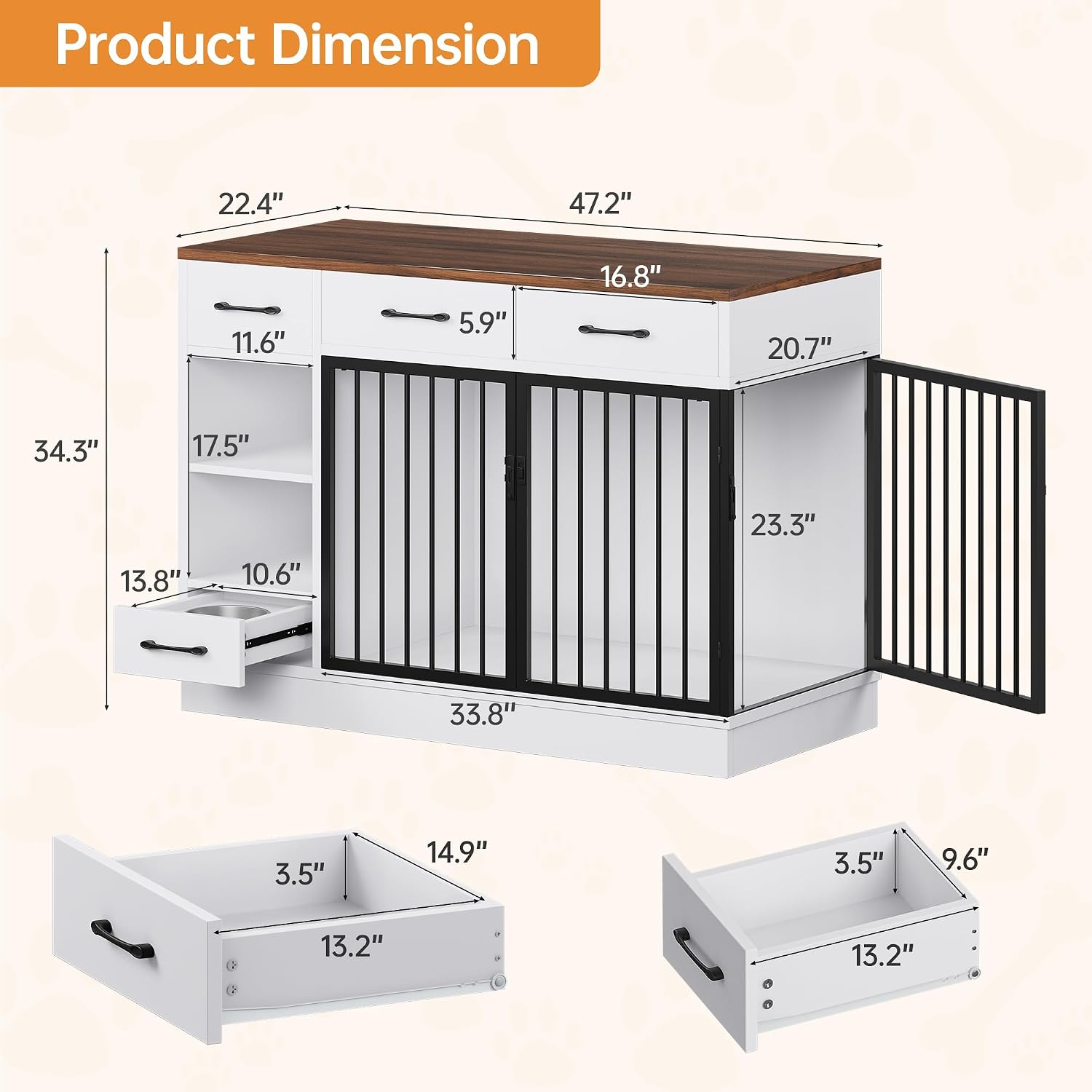 Dog Crate with Hidden Feeder Bowl & 3 Storage Drawers - 47.2' Wooden Dog Cage Indoor with Adjustable Shelf, 2 Doors Dog Kennel Furniture for Medium & Small Dogs, Multi-Functional Pet End Table